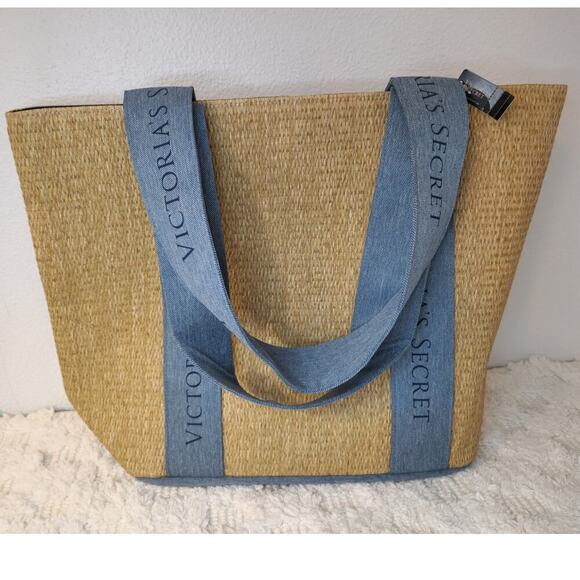 VICTORIA'S SECRET ~ New! NWT ~ Lage Straw Raffia Weekender Beach Tote w/ Denim - Picture 2 of 8
